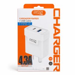 CARGADOR PRO21 2 USB A + CABLE TIPO C 4.3A CAJA NARANJA GRANDE