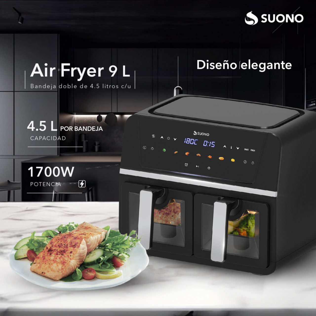 FREIDORA DE AIRE DIGITAL C/DOBLE VENTANA 9L 1700w 0199 - Imagen 2