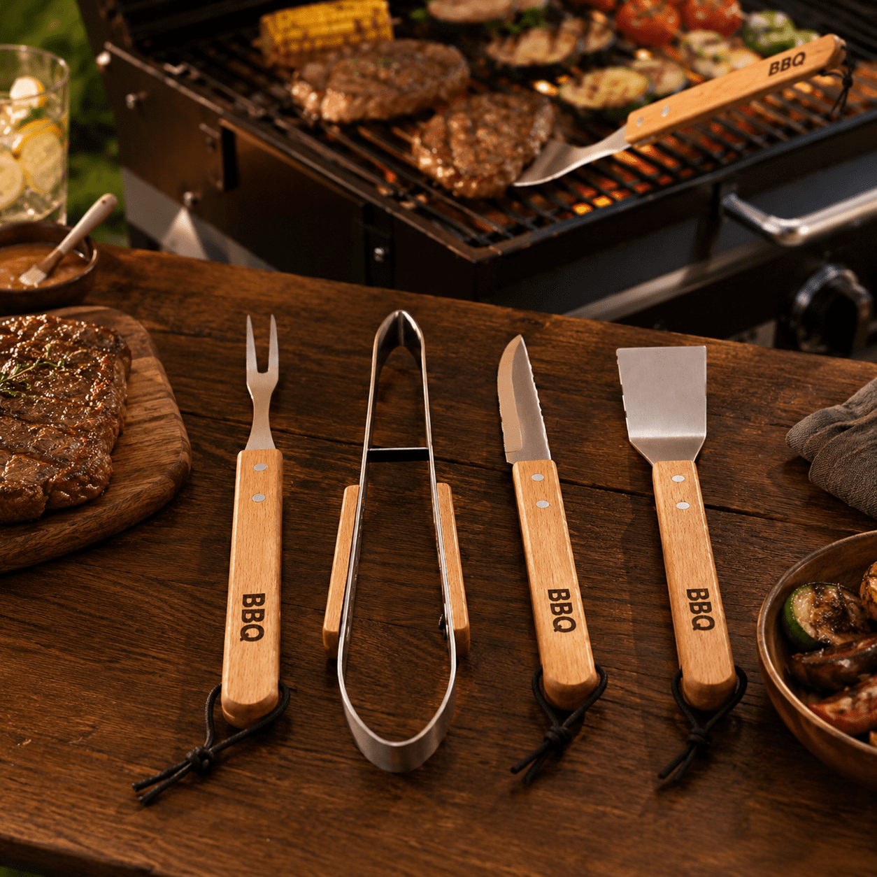 KIT ASADOR 4 PIEZAS C/MANGO DE MADERA 0657 - Imagen 2
