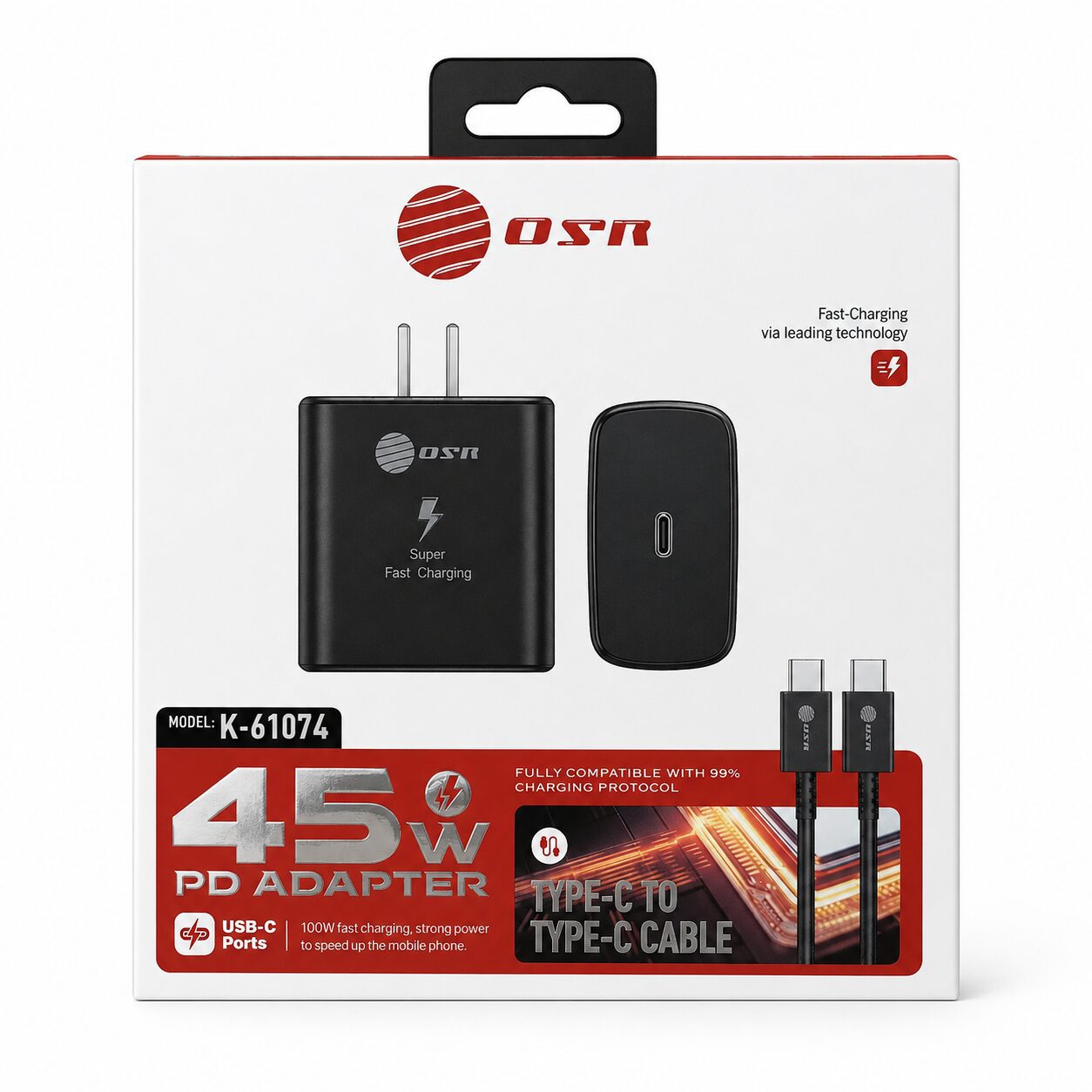 CARGADOR USB C Y CABLE TIPO C A TIPO C 45W OR-FCM01